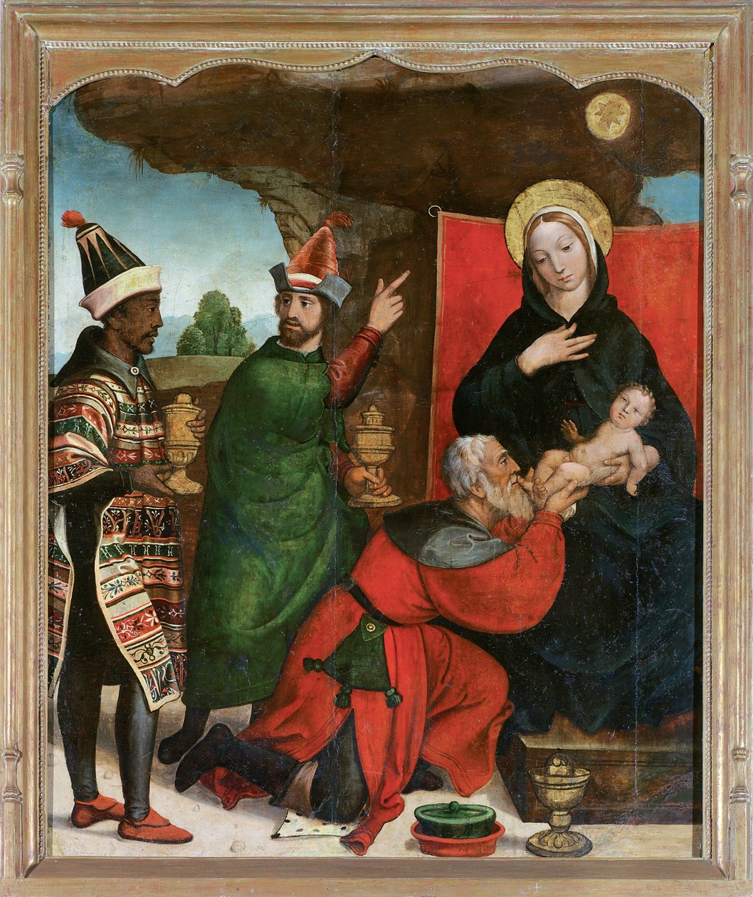 The Adoration of the Magi - Comontes, Francisco de (aktiivinen 1524-1565) - 1535-1540 - Öljy puulle - 129x103 - Museo de Bellas Artes, Salamanca tekijältä Francisco de Comontes