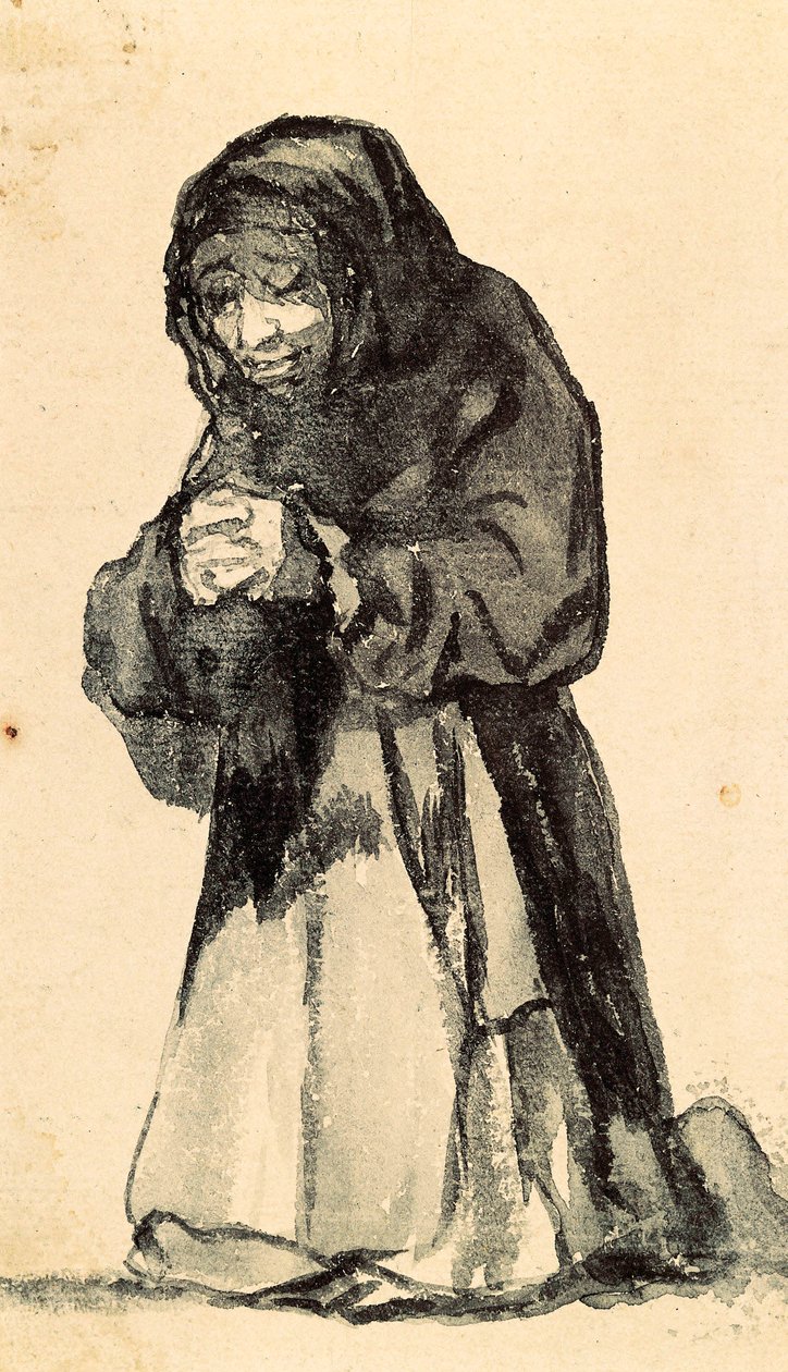Vanha nainen polvistumassa rukouksessa, 1800-luvun alku (piirustus) tekijältä Francisco de Goya