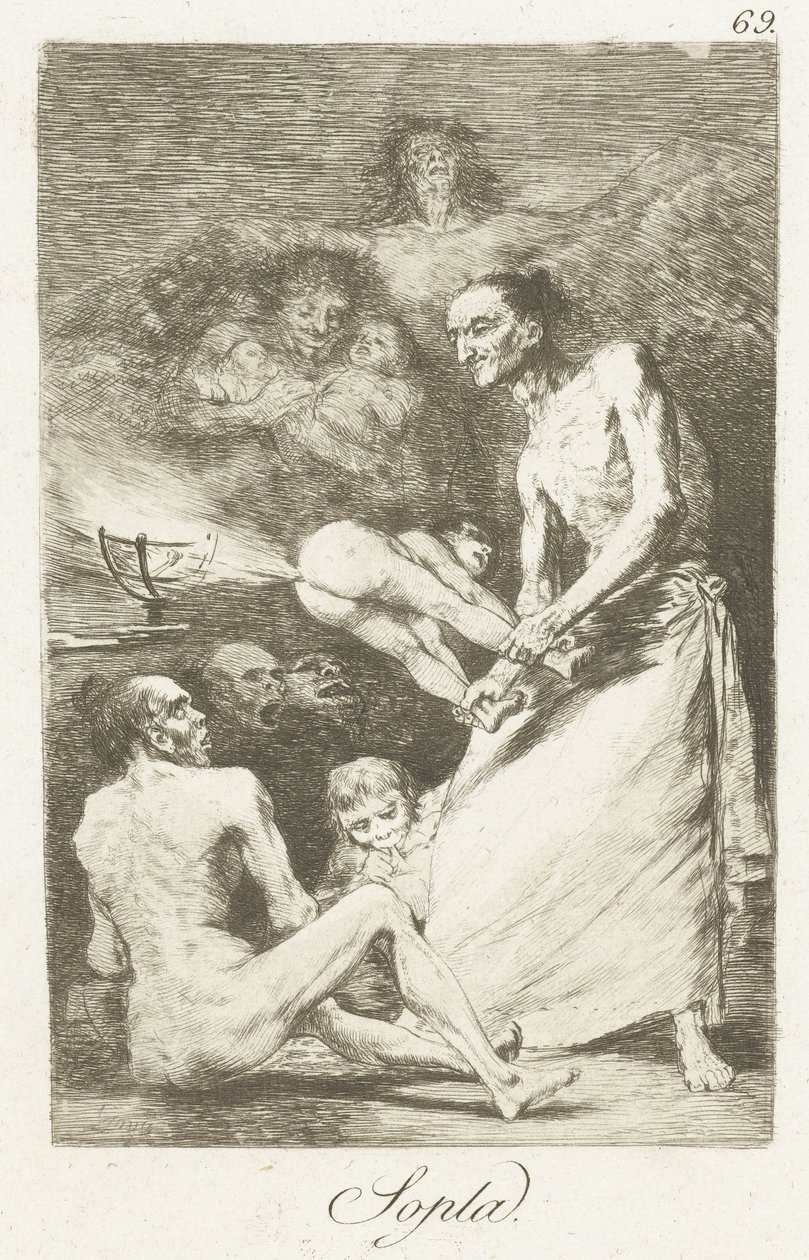 Blaas Sopla (otsikko esineessä) Los Caprichos (sarjan nimi) tekijältä Francisco de Goya