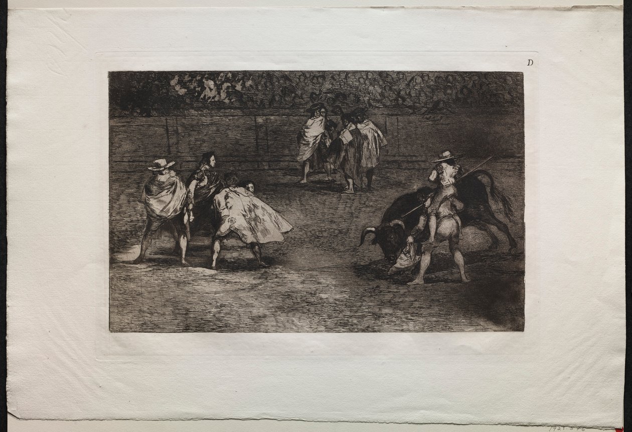Härkätaistelut: Härkätaistelija assistentin harteille, keihäs härkä, 1876. tekijältä Francisco de Goya
