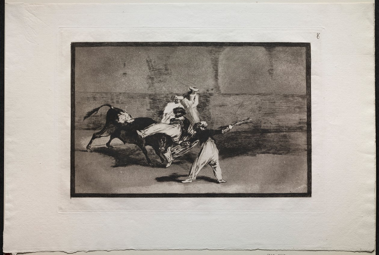 Härkätaistelut: Härän vangittama mauri kehässä, 1876. tekijältä Francisco de Goya