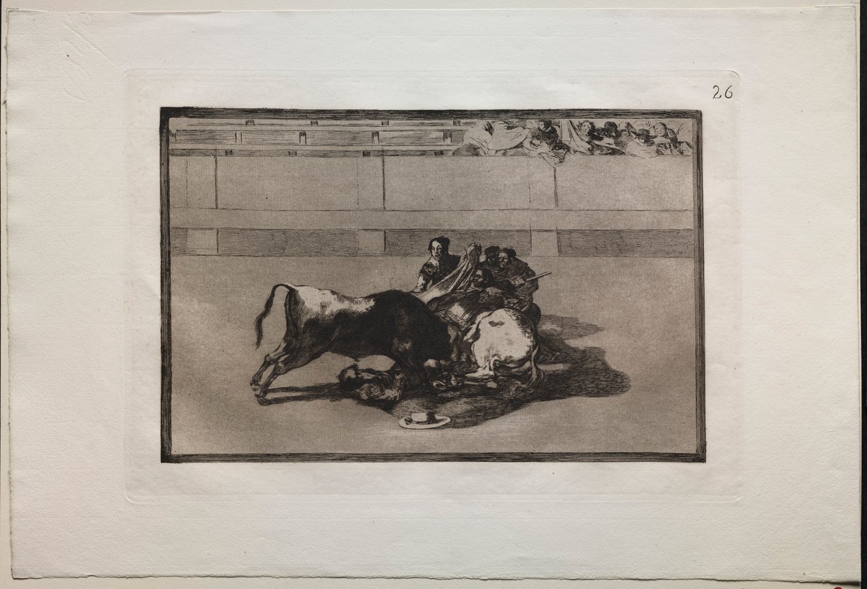 Härkätaistelut: Picador on hevoston ja putoaa härän alle, 1876. tekijältä Francisco de Goya