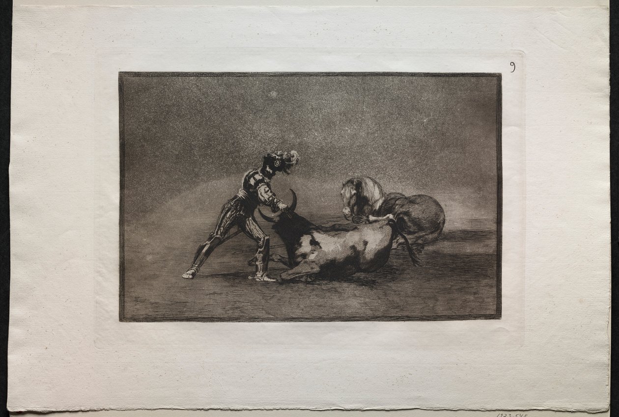 Härkätaistelut: Espanjalainen ritari tappaa härän menetettyään hevosensa, 1876. tekijältä Francisco de Goya
