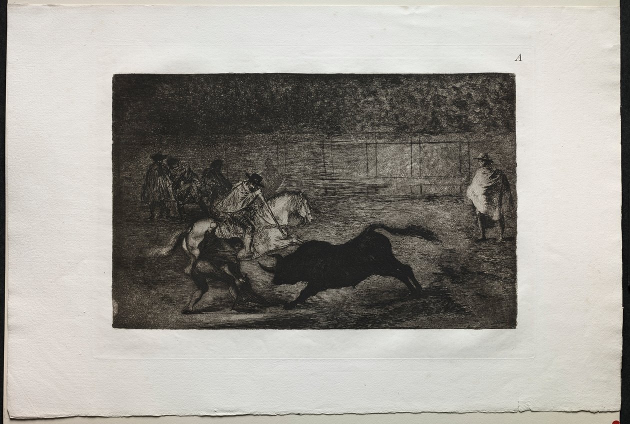Härkätaistelut: Espanjalainen ratsu ritari murtaa lyhyitä keihäitä avustajien avulla, 1876. tekijältä Francisco de Goya