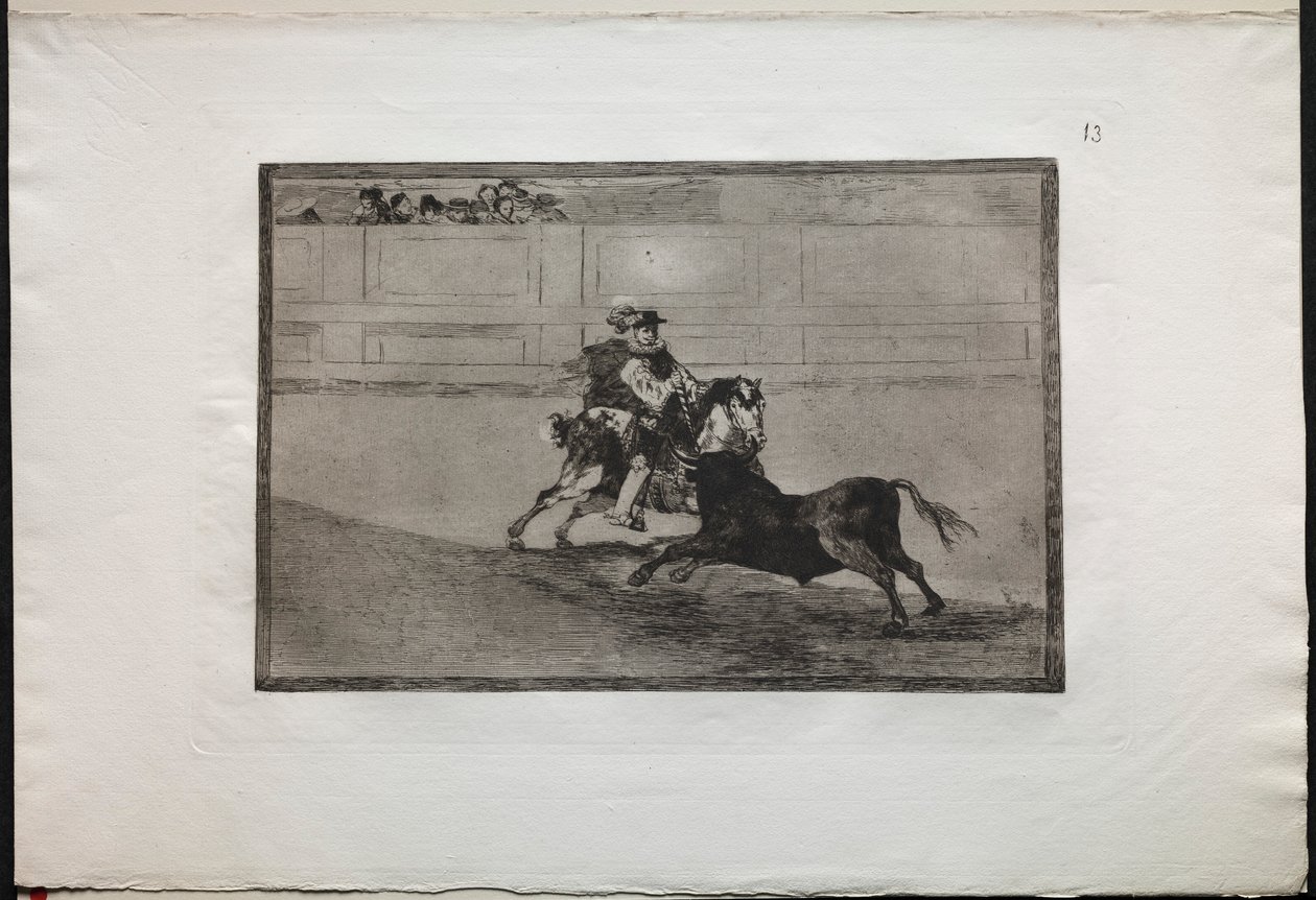 Härkätaistelut: espanjalainen ratsu ritari kehässä murtaa keihäitä ilman apua..., 1876. tekijältä Francisco de Goya