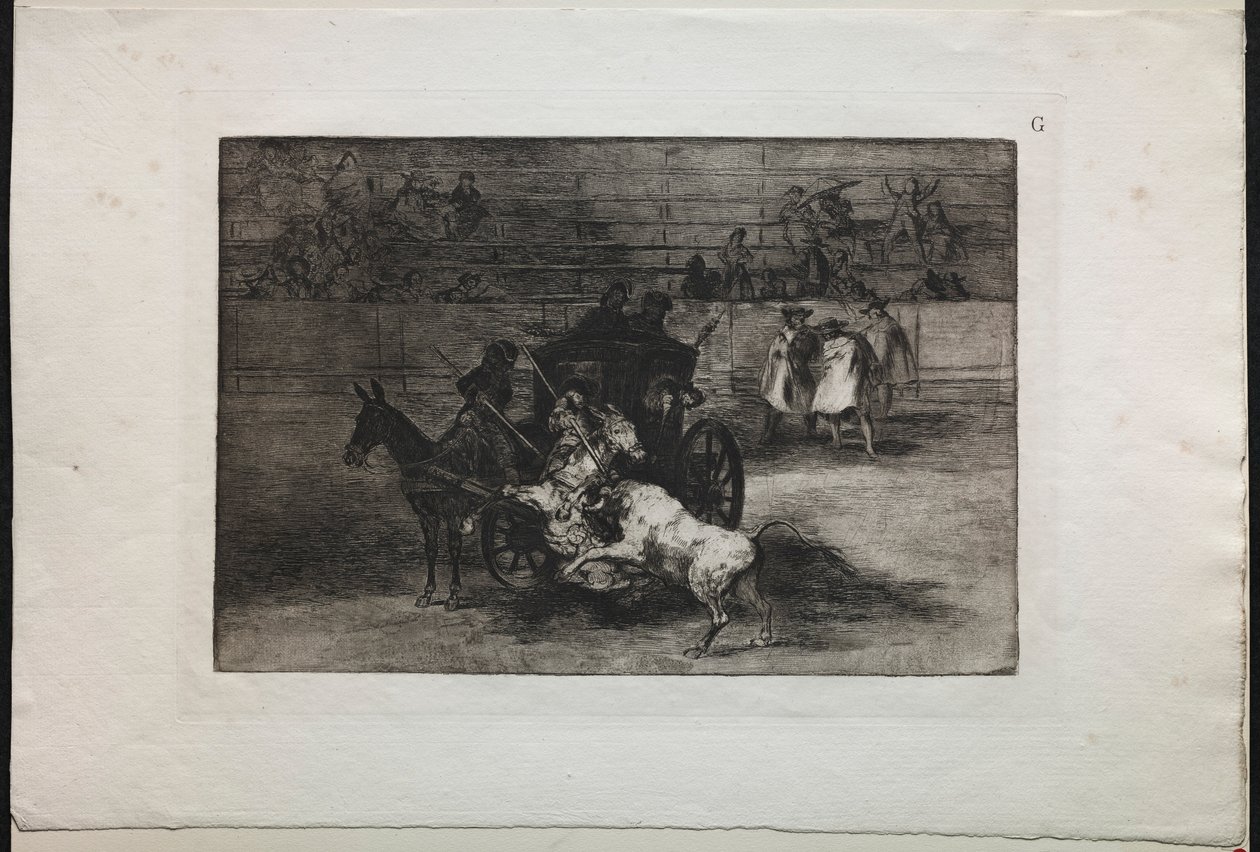 Härkätaistelut: Taistelu kahdelle muuliin valjastetussa vaunussa, 1876. tekijältä Francisco de Goya