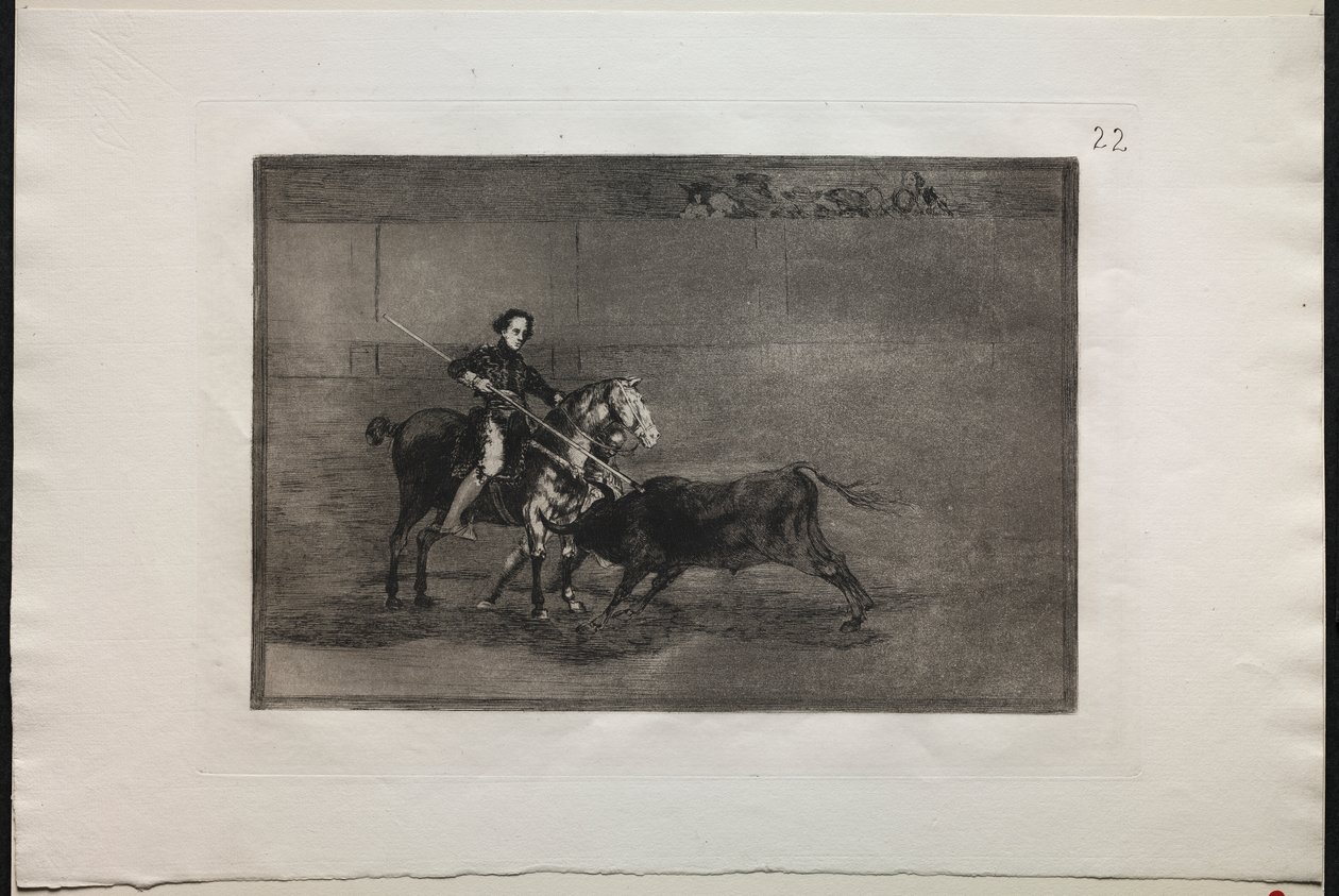 Härkätaistelut: juhlitun Pajueleran miehekäs rohkeus (kehässä) Saragosassa tekijältä Francisco de Goya
