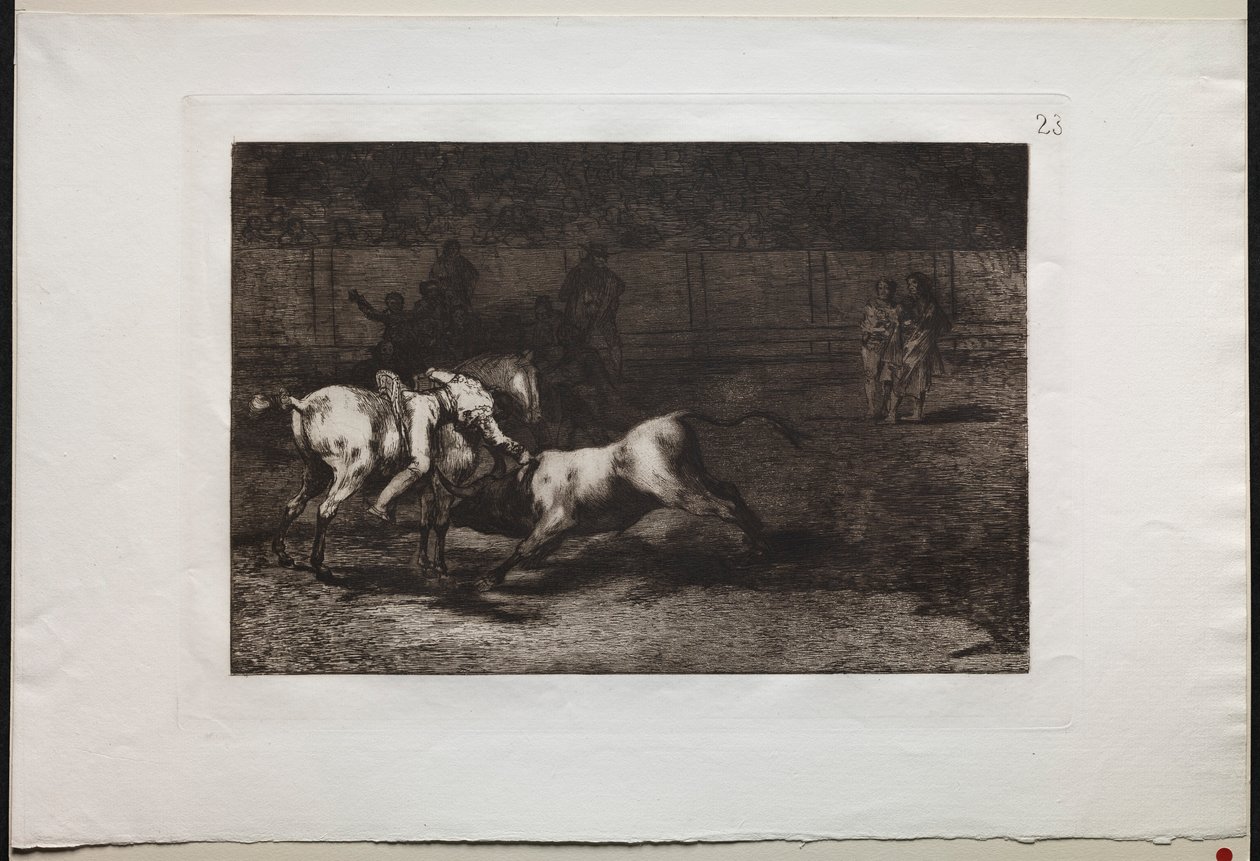 Härkätaistelut: Mariano Ceballos, Alias the Indian, Kills the Bull from his Horse, 1876. tekijältä Francisco de Goya
