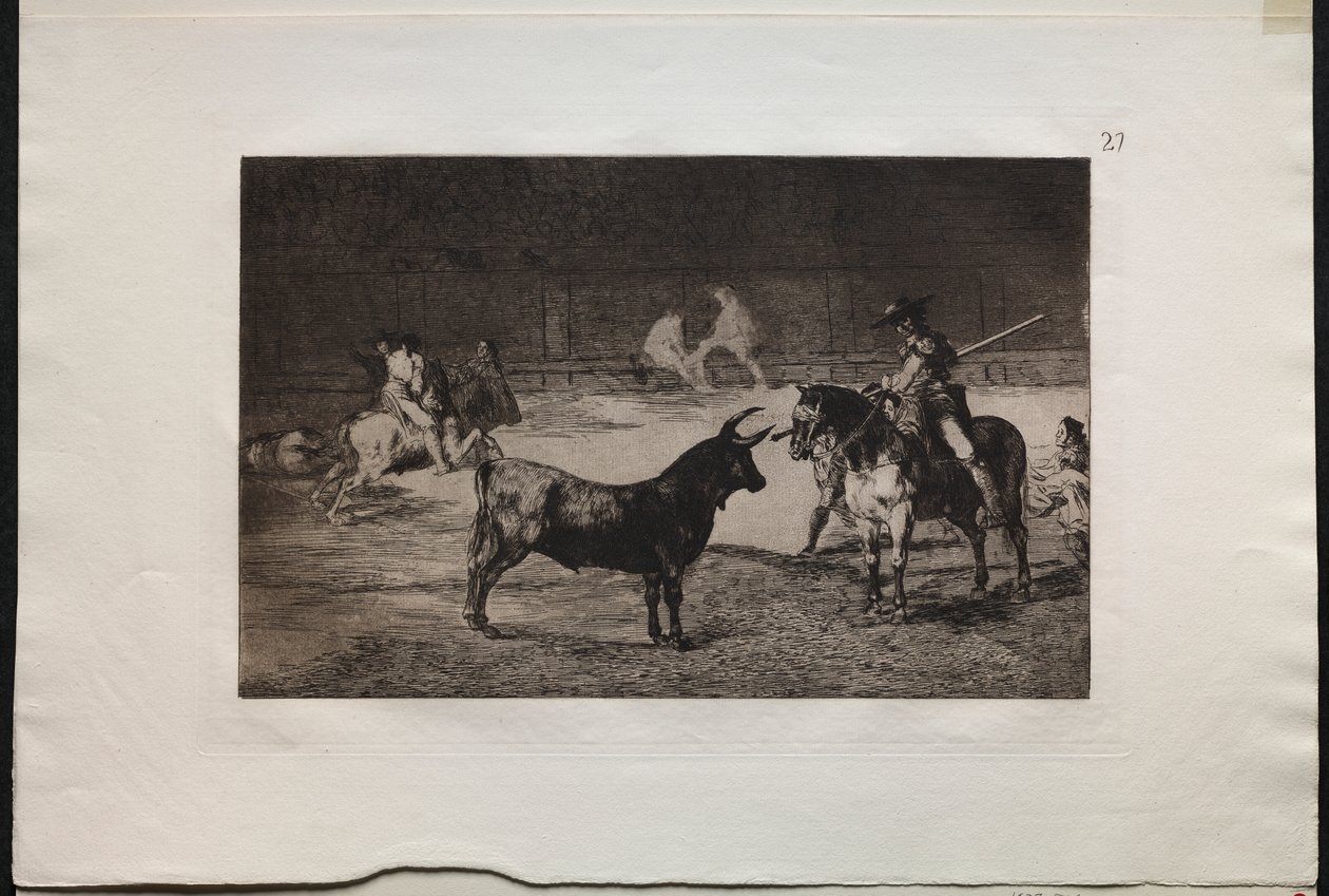 Härkätaistelut: Juhlittu Picador, Fernando del Toro, vetää kovaa petoa Piquellaan tekijältä Francisco de Goya