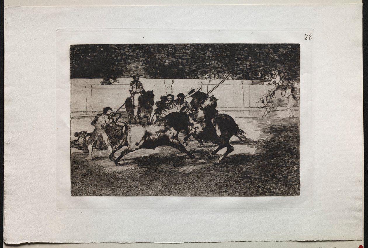 Härkätaistelut: Voimakas Rendon puukottaa härkää Piquella, josta hän kuoli..., 1876. tekijältä Francisco de Goya
