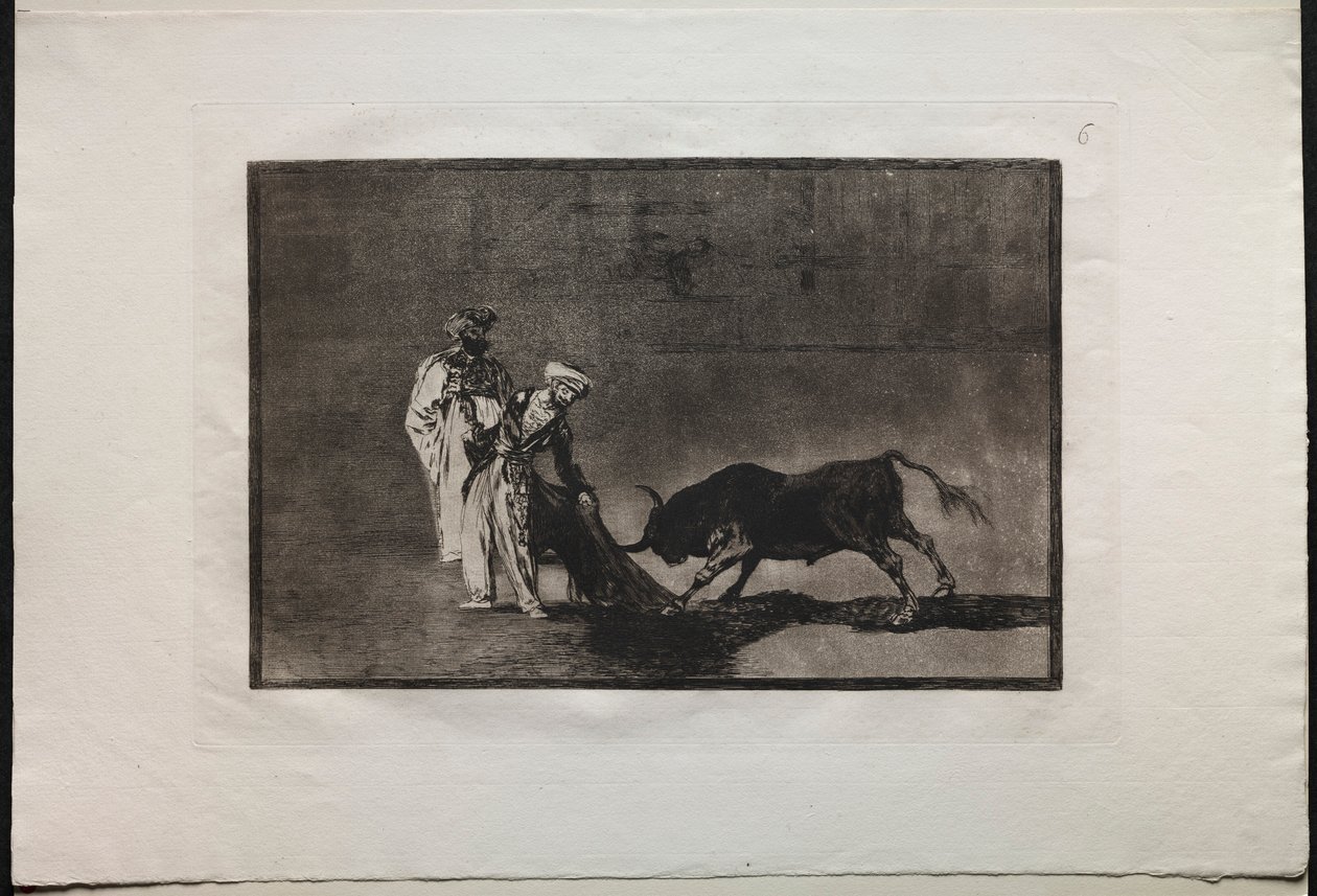 Härkätaistelut: maurit leikkivät eri tavalla kehässä ja kutsuvat härkää palavien kanssa, 1876. tekijältä Francisco de Goya