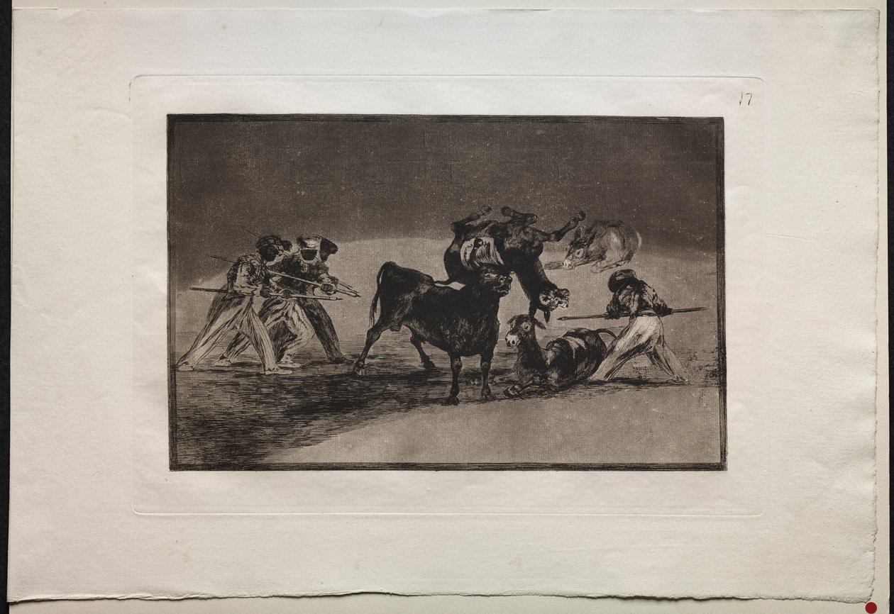 Härkätaistelut: maurit käyttävät aaseja esteenä puolustaakseen itseään härkää vastaan..., 1876. tekijältä Francisco de Goya