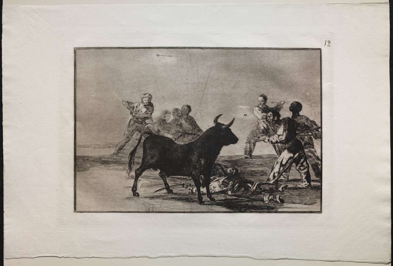 Härkätaistelut: Härkä kiertelee härkää keisien, sirppien, banderillojen ja muiden aseiden kanssa tekijältä Francisco de Goya