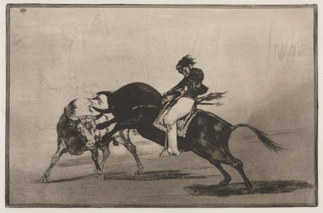 Härkätaistelut: Sama Ceballos asennettuna toiseen härkään rikkoo lyhyitä keihää kehässä, 1876. tekijältä Francisco de Goya