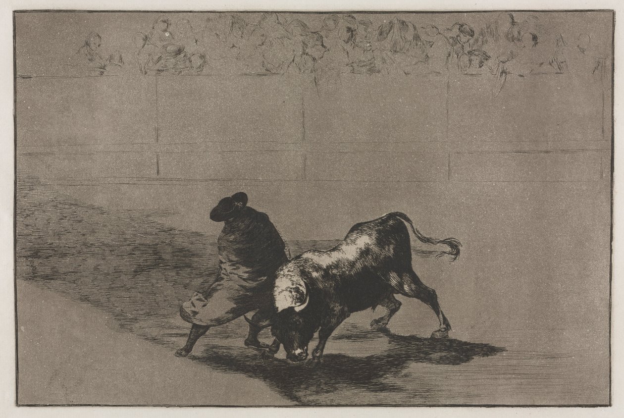 Härkätaistelut: Erittäin taitava valeopiskelija, viittaansa käärittynä, huijaa härkää..., 1876. tekijältä Francisco de Goya
