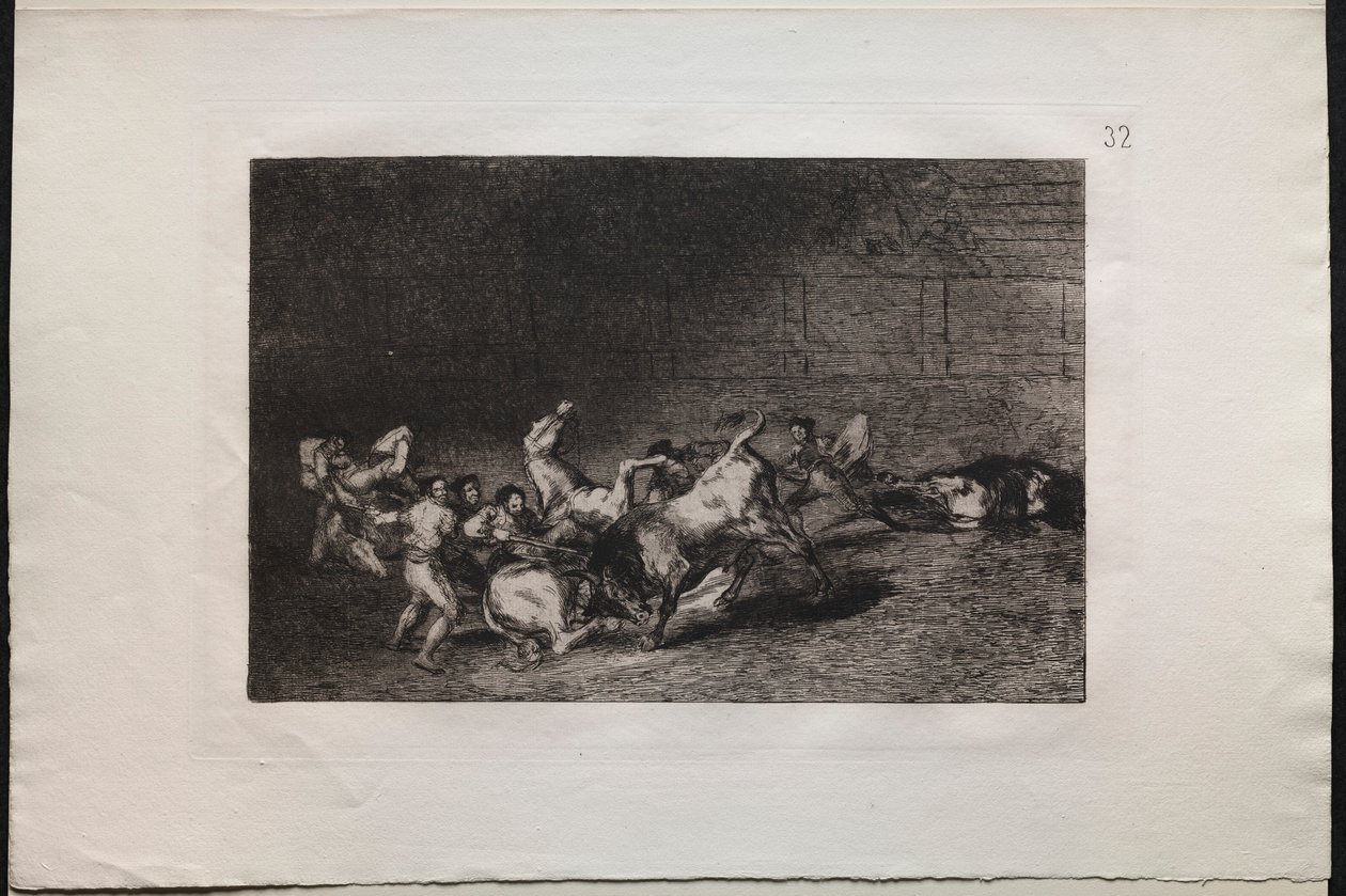 Härkätaistelut: Kaksi Picador-joukkuetta, jotka yksi härkä heittää peräkkäin, 1876. tekijältä Francisco de Goya