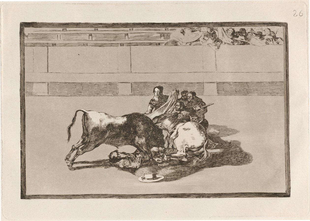 Picador putoaa hevosestaan ​​härän alle (Picador on hevoston ja putoaa härän alle) tekijältä Francisco de Goya