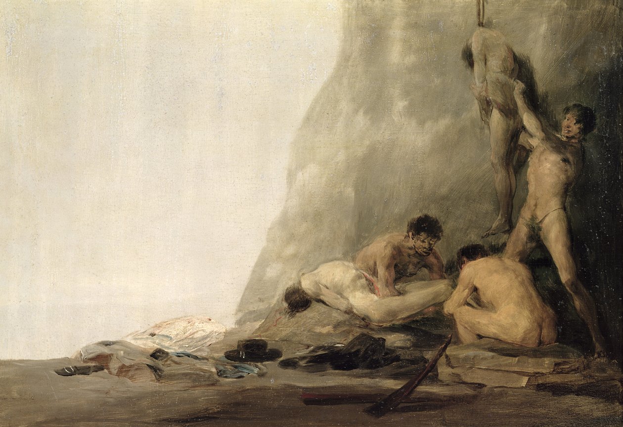 Kannibaalit valmistelevat uhrejaan eli Jean de Brebeufin ja Gabriel Lallemantin ruumiit, jotka irokeesit nyljettiin vuonna 1649, n. 1800-08 (pari 83792) tekijältä Francisco de Goya