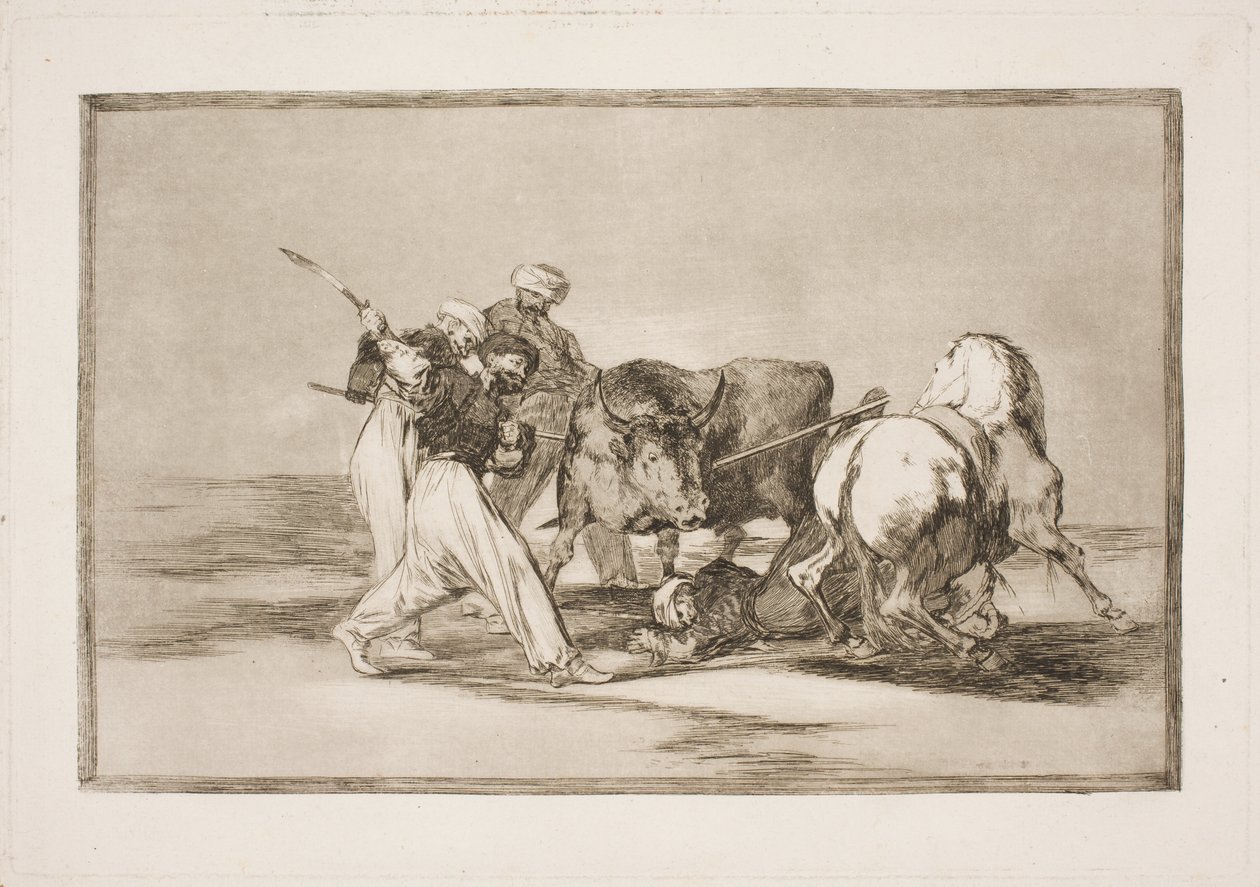 Espanjaan asettuneet maurit, jotka hylkäsivät Koraanin taikauskon, omaksuivat tämän metsästyksen ja härän lyömisen taidon tasangolla. tekijältä Francisco de Goya