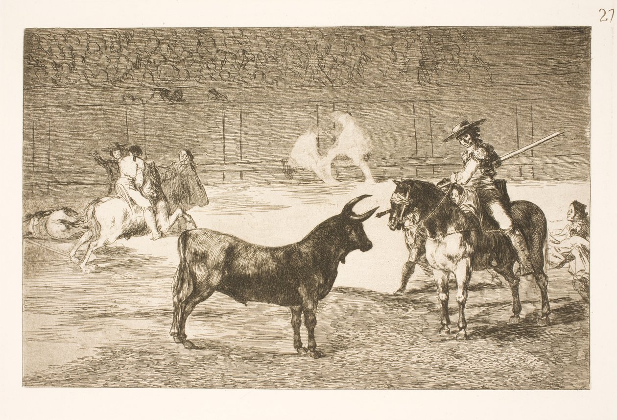 Kuuluisa picadori Fernando del Toro provosoi olme-härkää keihällänsä tekijältä Francisco de Goya