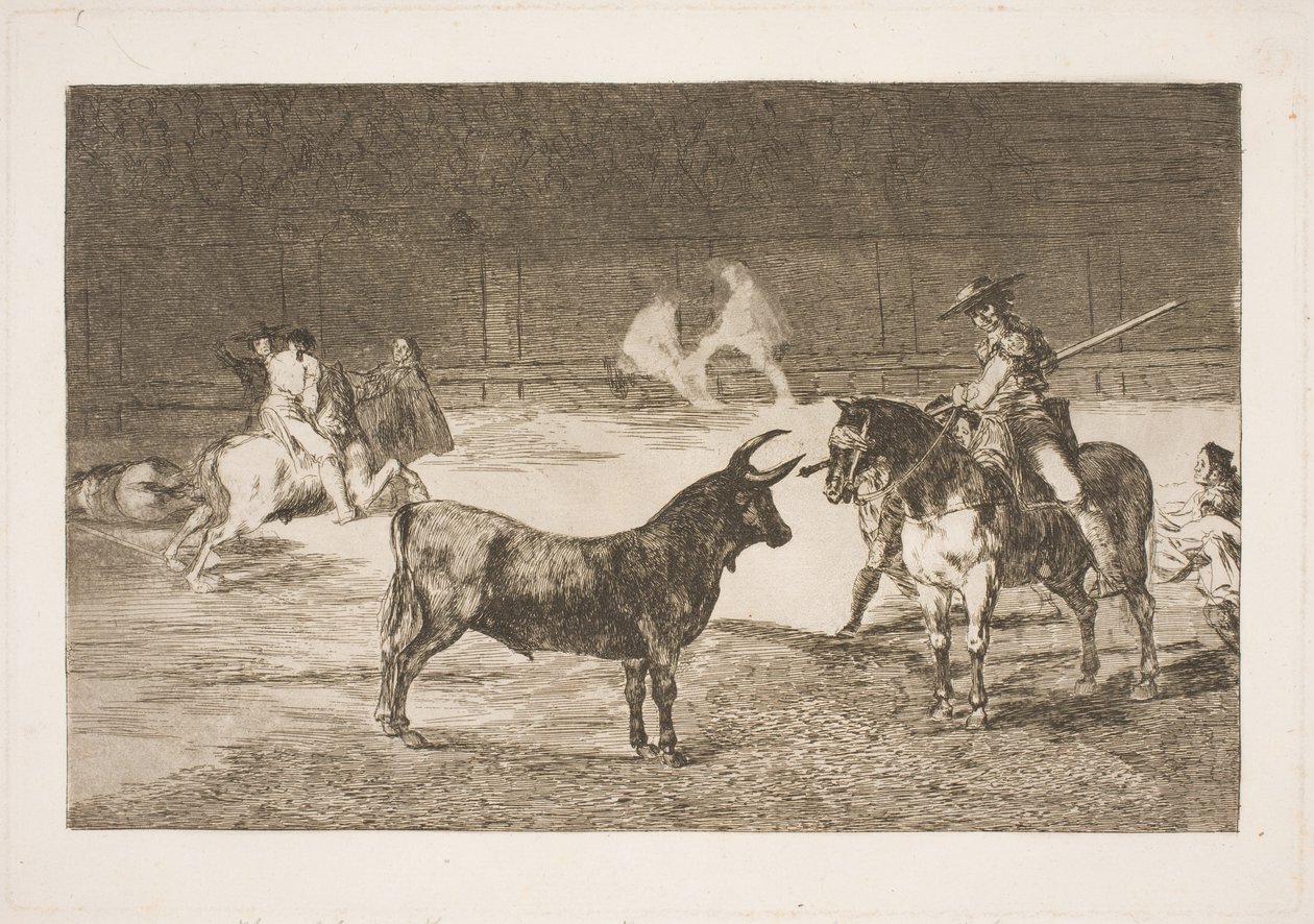 Kuuluisa picadori Fernando del Toro provosoi olme-härkää keihällänsä tekijältä Francisco de Goya