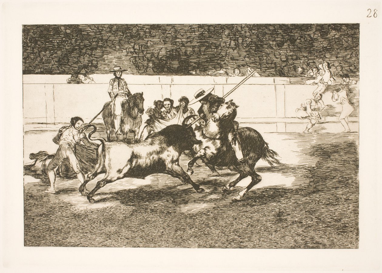 Voimakas Rendon keihäät härän, syöksyn, joka aiheutti hänen kuolemansa Madridin areenalla tekijältä Francisco de Goya