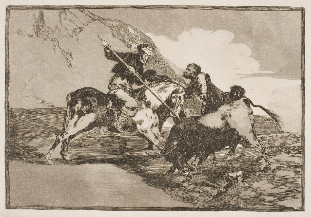 Tapa, jolla vanhat espanjalaiset metsästivät härkää hevosen selässä tasangoilla. tekijältä Francisco de Goya