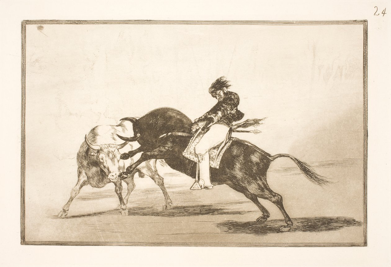 Sama Ceballos, joka istuu toisen härän selässä, murtaa lyhyitä keihäitä Madridin areenalla tekijältä Francisco de Goya