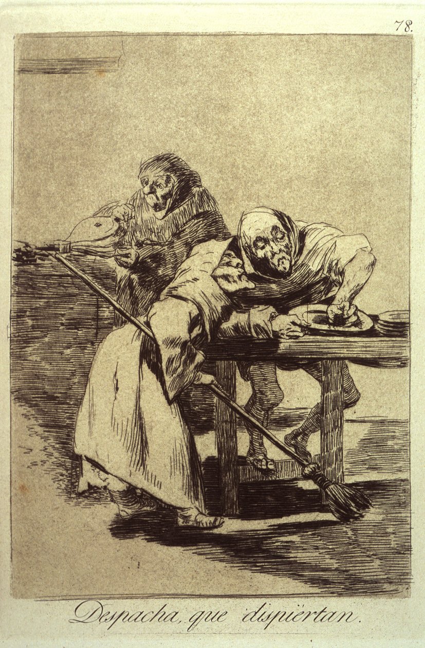Despacha Que Dispiertan Ole nopea, he ovat heräämässä, levy 78 Los Caprichosista, 1799 tekijältä Francisco de Goya