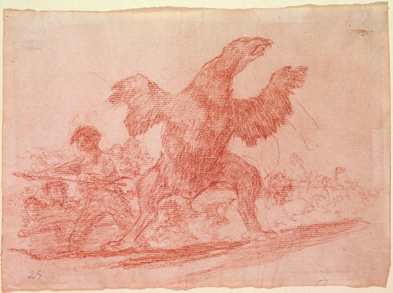 Sodan tuhot: "" Lihansyöjäkorppikotka"" Espanjan Ferdinand VII:n monarkian kannattajien esitys eläiminä. Valmistelupiirros punaisella kynällä Francisco de Goya y Lucientesin (1746-1828) etsaukseen nro 76. 1810-1812. Madrid. Prad tekijältä Francisco de Goya