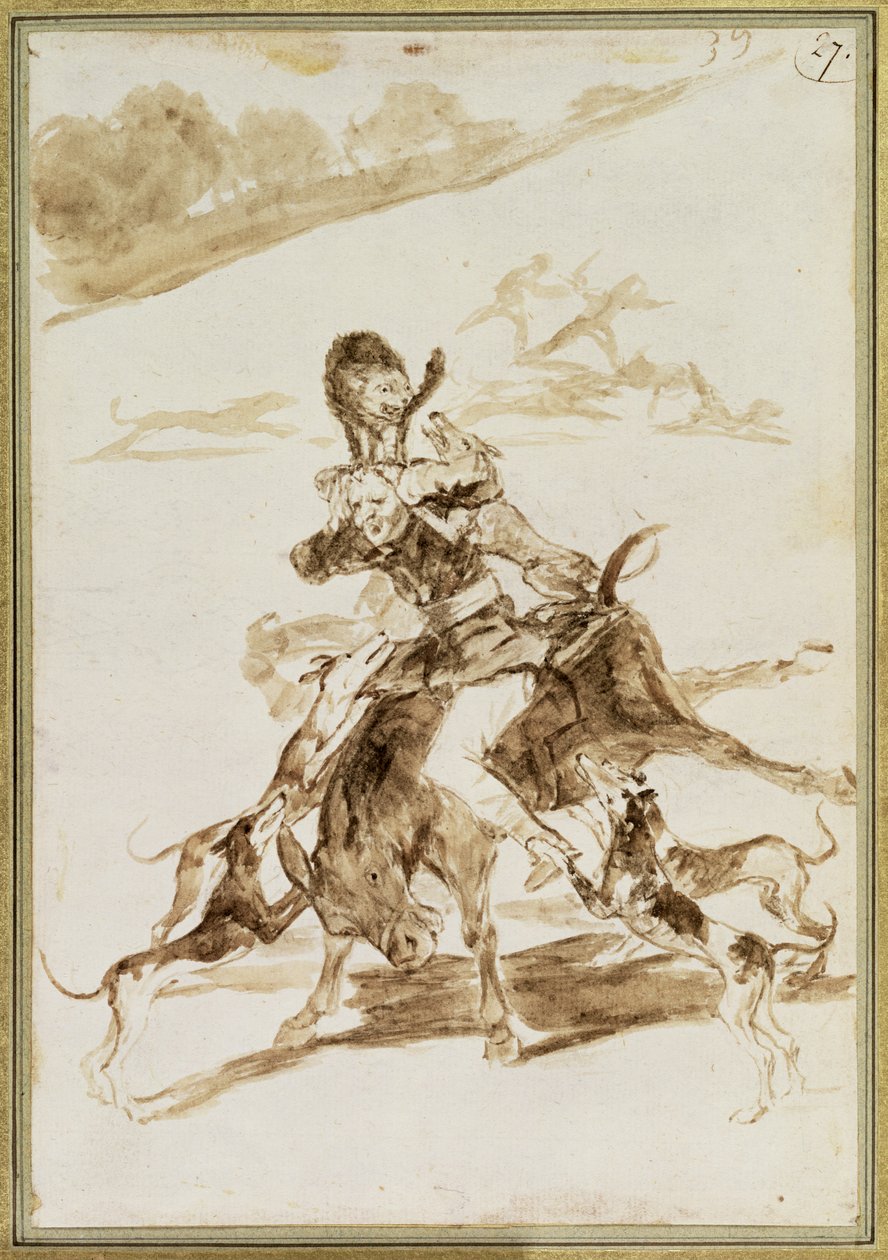 Koirat hyökkäävät miestä vastaan muulin päällä (wc paperilla) tekijältä Francisco de Goya