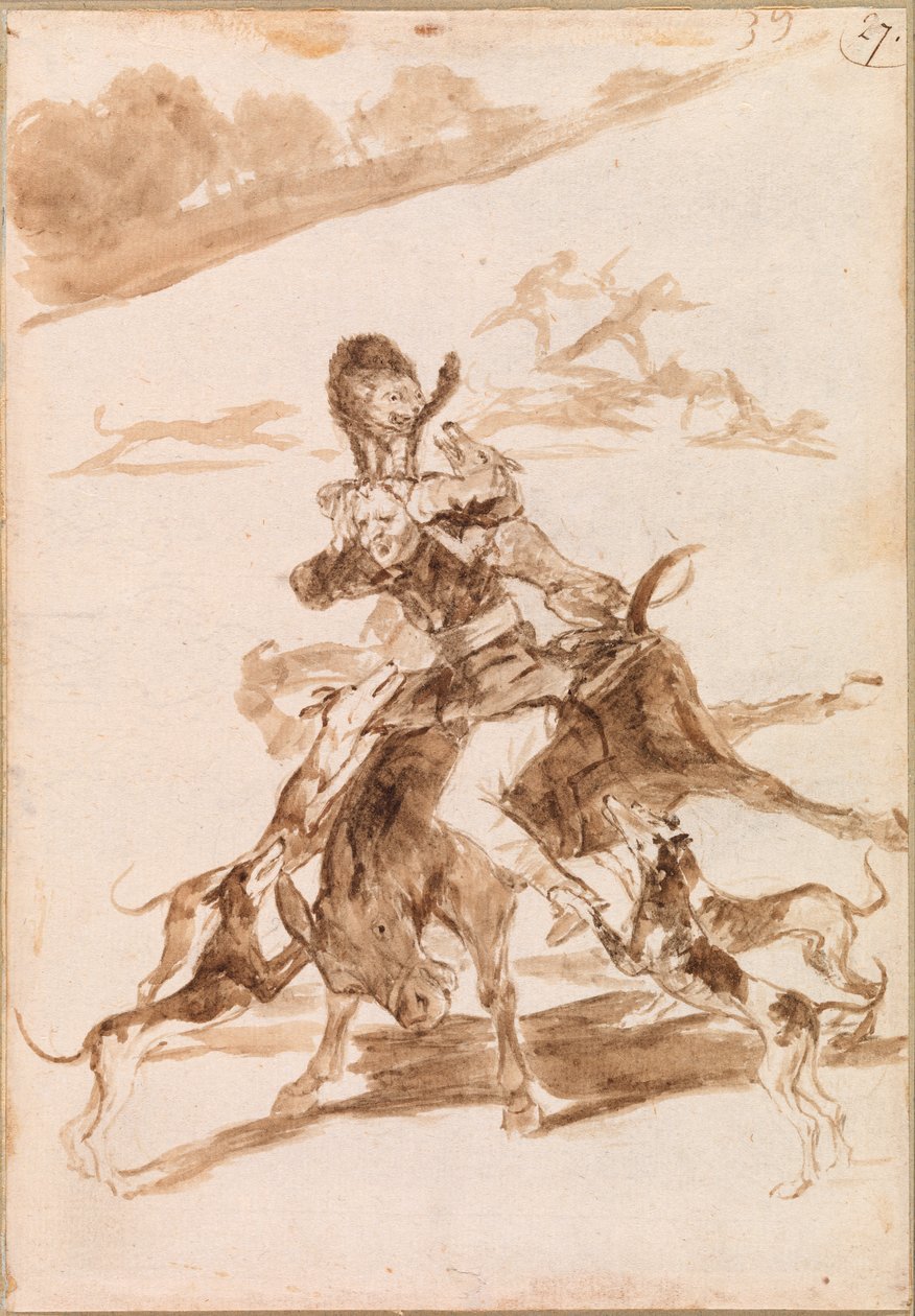 Koirat jahtaavat kissaa miehellä aasin selässä tekijältä Francisco de Goya