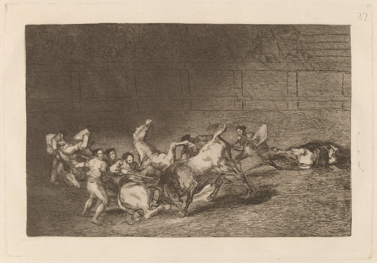 Kaksi Picador-joukkuetta, jotka yksi härkä heittää peräkkäin tekijältä Francisco de Goya