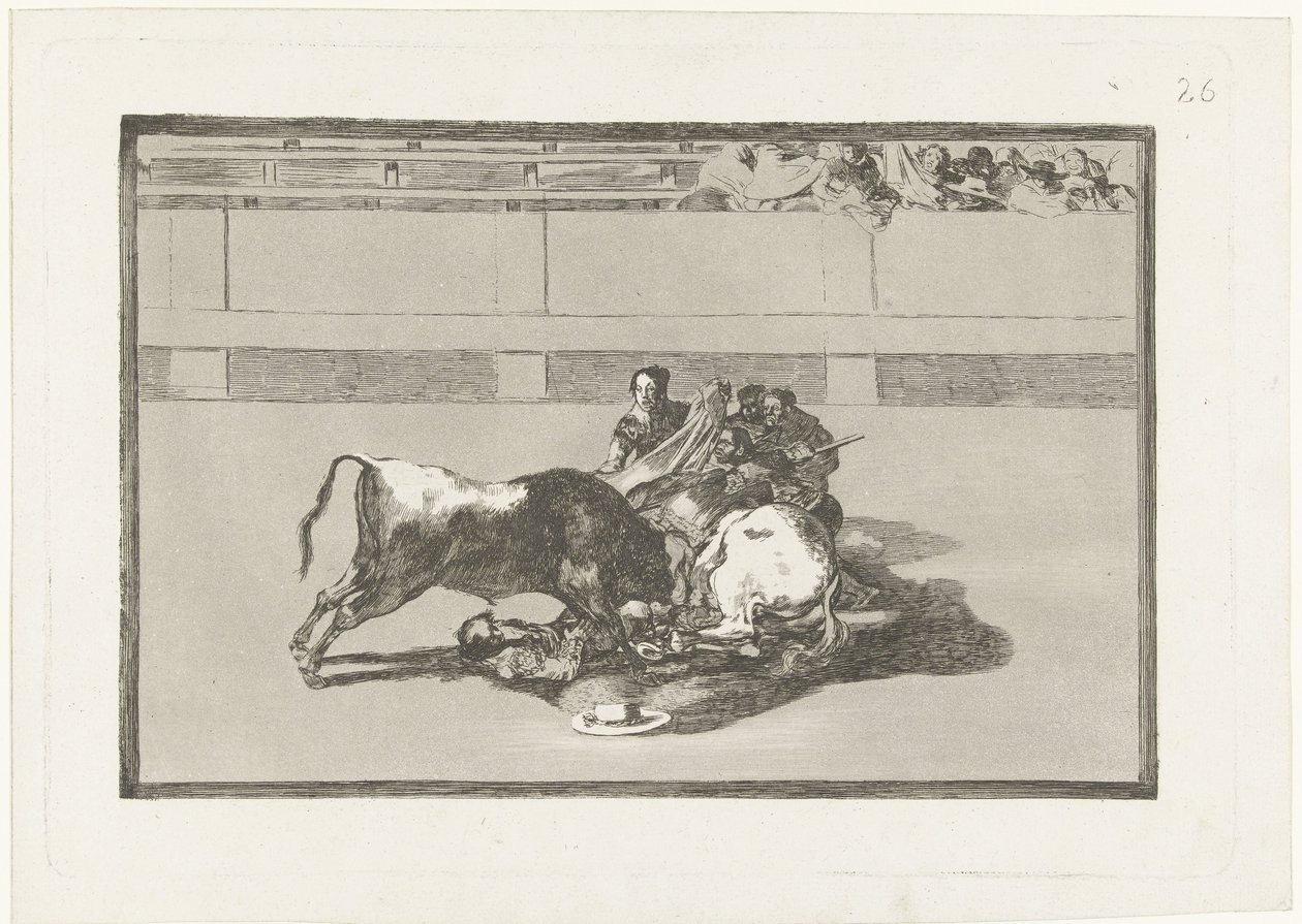 Picador on kaadettu hevosestaan ​​ja makaa härän alla Caida de un picador de su caballo debajo del toro La Tauromaquia (sarjan nimi) Härkätaistelut (sarjan nimi) tekijältä Francisco de Goya