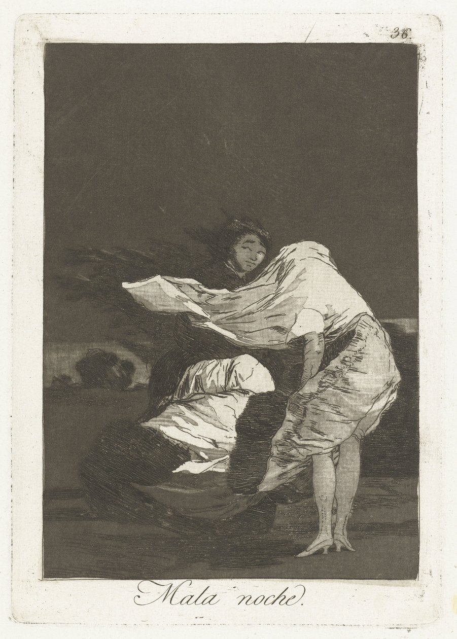 huono yö Mala noche (otsikko esineessä) Los Caprichos (sarjan nimi) tekijältä Francisco de Goya