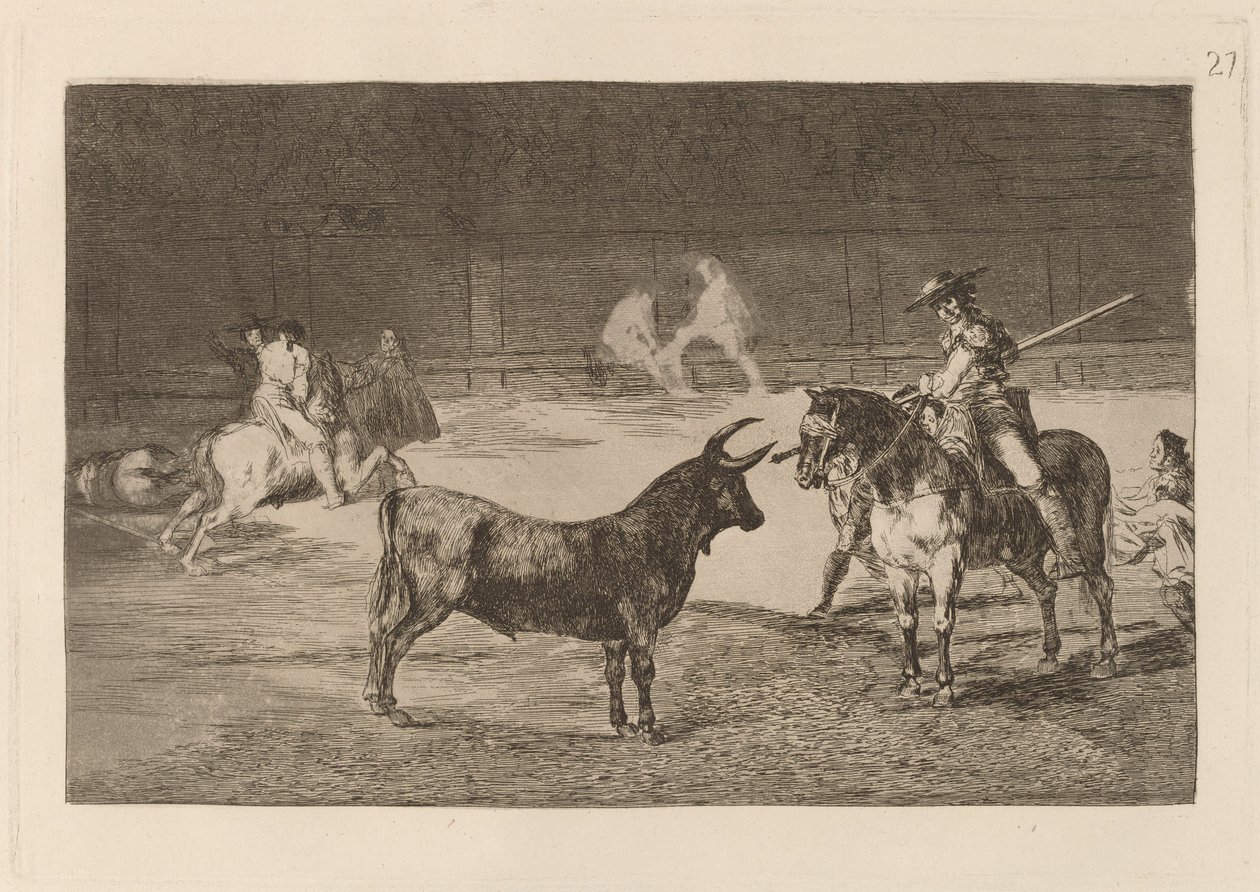 Juhlattu Fernando del Toro, barilarguero, pakottaa pedon sauvallaan (Julistettu Picador, Fernando del Toro, vetää kiihkeän pedon päälle Piquellään) tekijältä Francisco de Goya