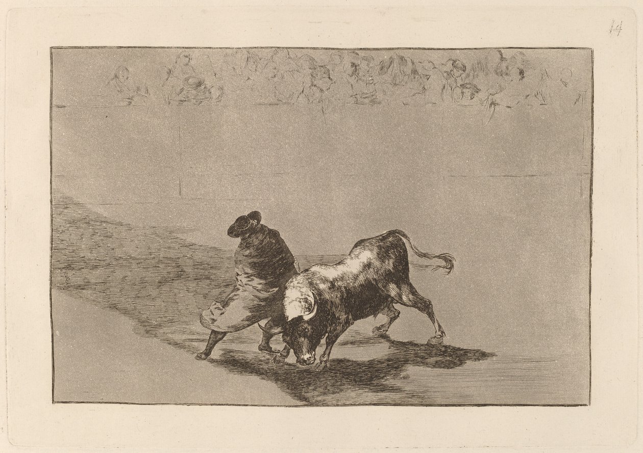 Erittäin taitava valheen oppija viittaansa käärittynä huijaa härkää ruumiillaan leikkimällä tekijältä Francisco de Goya