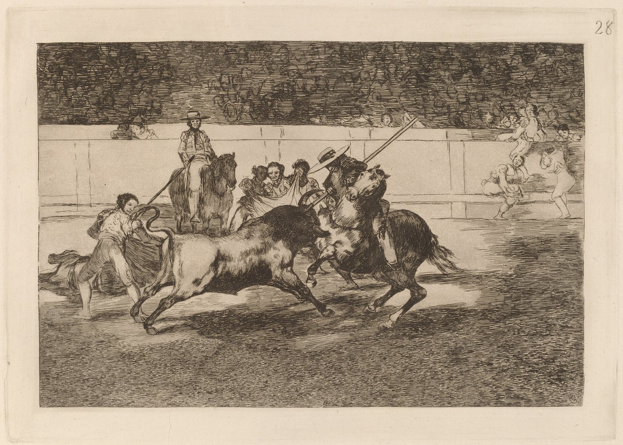 Voimakas Rendon puree härkää, jonka kohtaloon hän kuoli Madridin aukiolla (Forceful Rendon puukottaa härkää pikeellä, josta hän kuoli kehässä Madridissa) tekijältä Francisco de Goya