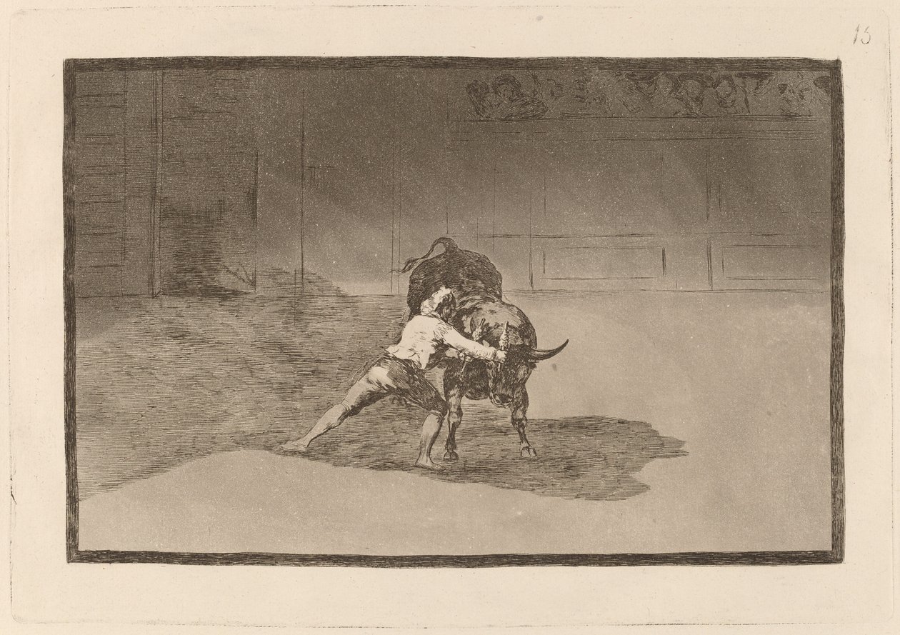 Kuuluisa Martincho laittaa banderillat al quiebro (kuuluisa Martincho asettaa banderillat leikkimään härkää kehonsa liikkeellä) tekijältä Francisco de Goya