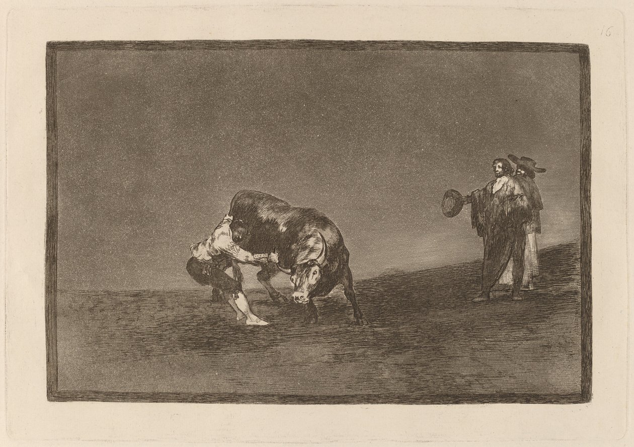 Hän itse kaataa härän Madridin aukiolla (Sama mies heittää härän kehään Madridissa) tekijältä Francisco de Goya