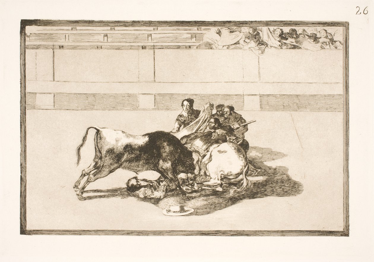 Picador sinkoutuu hevosesta ja törmää härän alle tekijältä Francisco de Goya