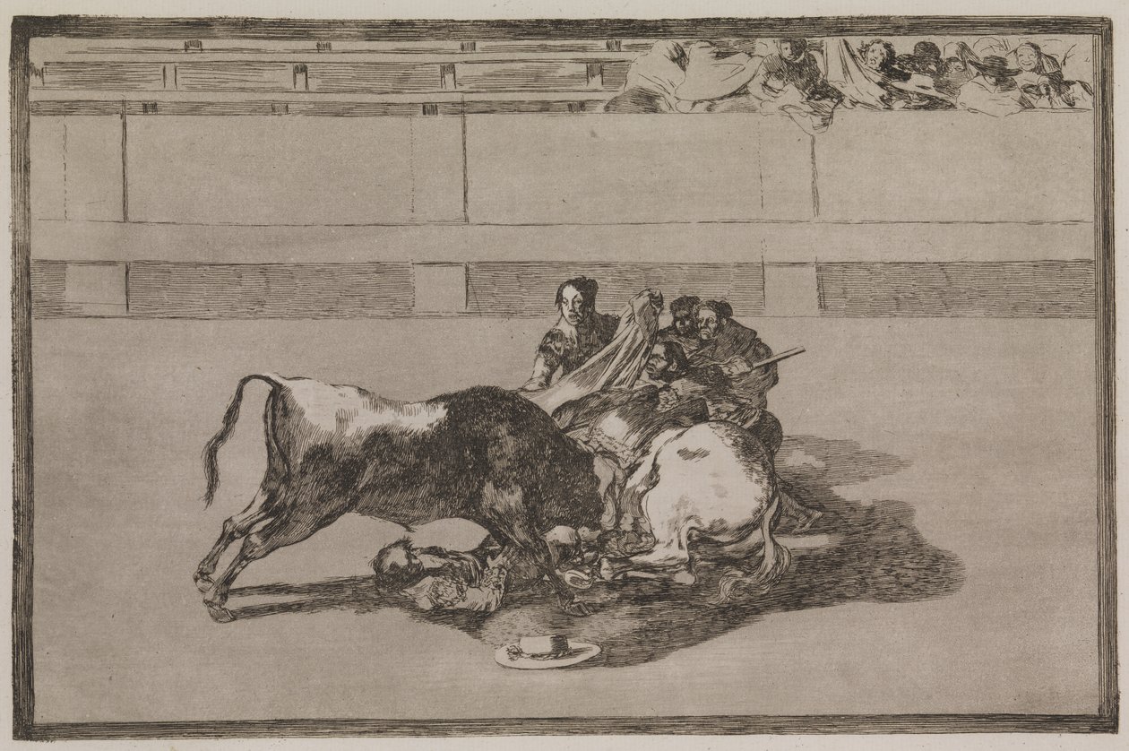 Picador sinkoutuu hevosesta ja törmää härän alle tekijältä Francisco de Goya