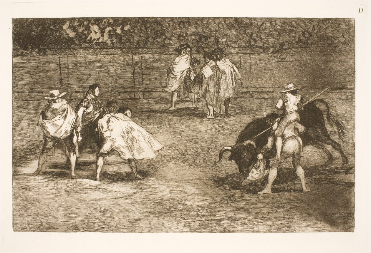 Härkätaistelija, joka istuu avustajan harteilla, kamppailee härkää tekijältä Francisco de Goya