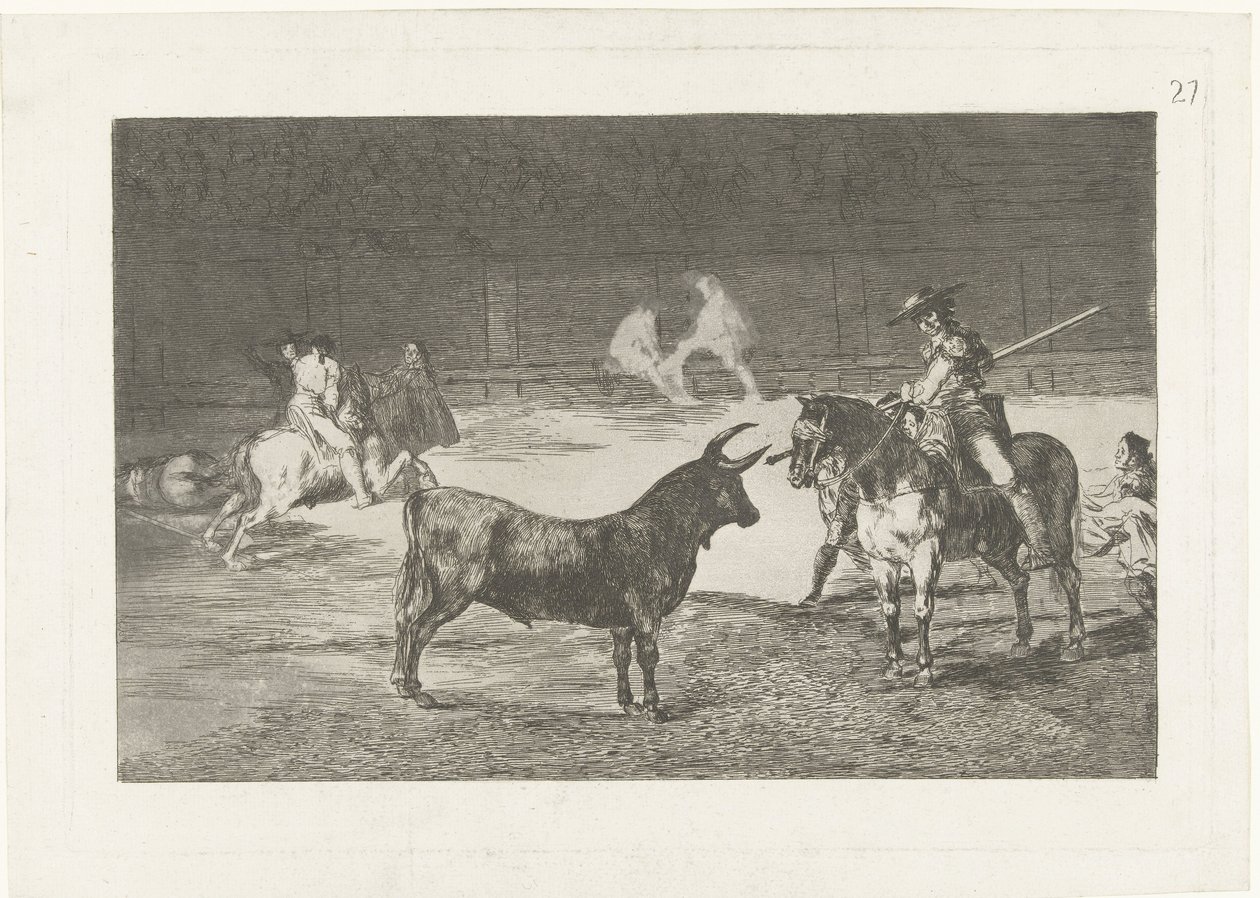 Fernando del Toro daagt een stier uit Kuuluisa Fernando del Toro, barilarguero, pakottaa pedon sauvallaan Härkätaistelut (sarjan nimi) Stierenvechten (sarjan nimi) tekijältä Francisco de Goya