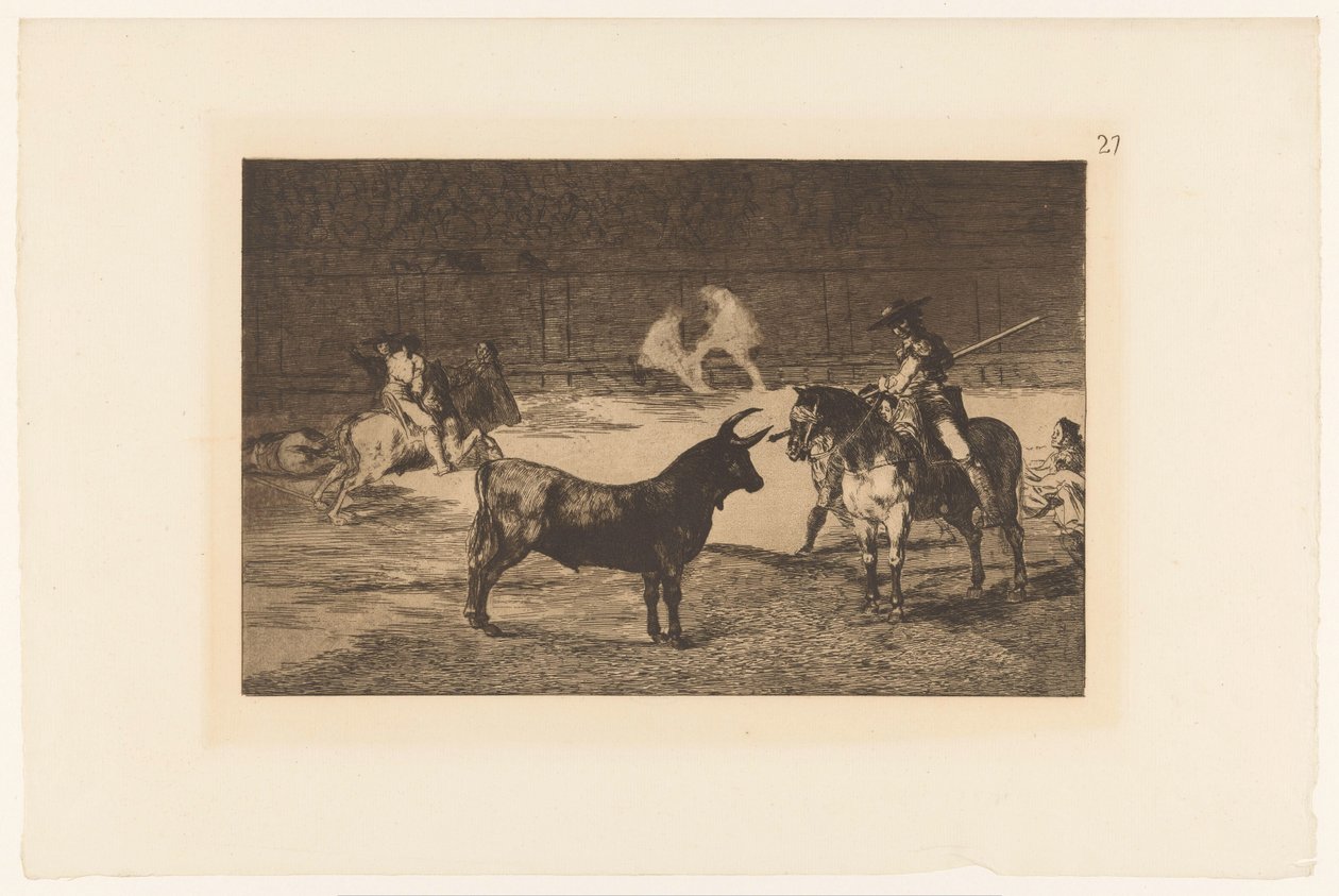 Fernando del Toro daagt een stier uit Kuuluisa Fernando del Toro, barilarguero, pakottaa pedon sauvallaan Stierengevechten (sarjan nimi) La Taureamachie (sarjan nimi) Härkätaistelut (sarjan nimi) tekijältä Francisco de Goya