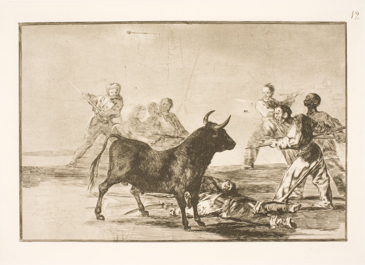 Ihmiset puukottavat härkää nauhoilla, sirpeillä, banderilloilla ja muilla aseilla tekijältä Francisco de Goya
