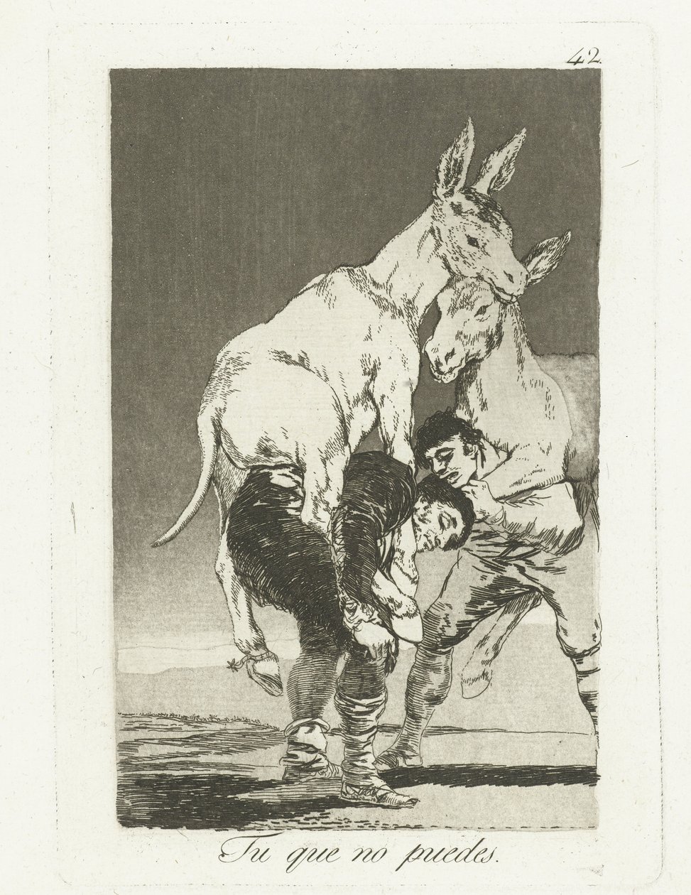 Sinä, joka et enää jaksa Tu que no puedes (otsikko esineessä) Los Caprichos (sarjan nimi) tekijältä Francisco de Goya