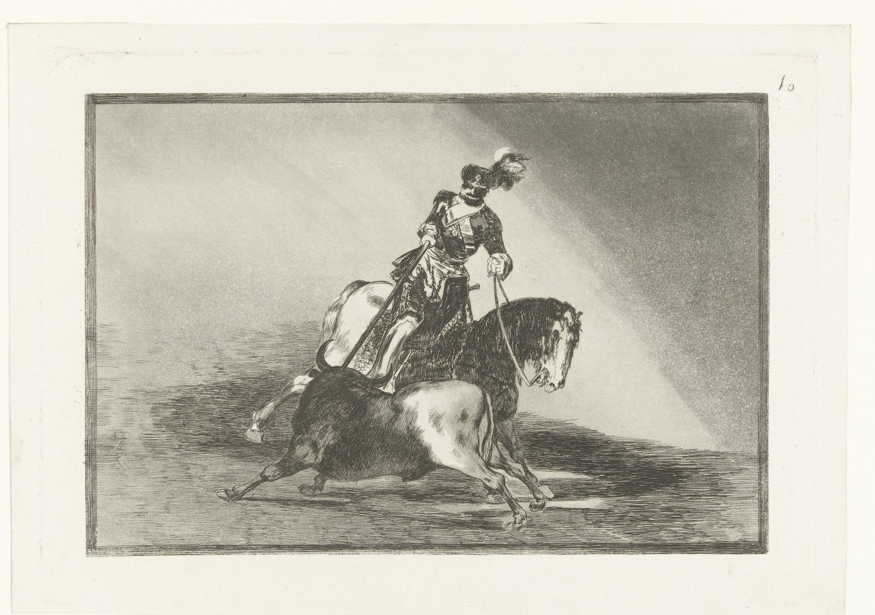 Keisari Kaarle V taistelee härkää vastaan Carlos V. lanceando un toro en la plaza de Valladolid Härkätaistelut (sarjan nimi) La Tauromaquia (sarjan nimi) tekijältä Francisco de Goya