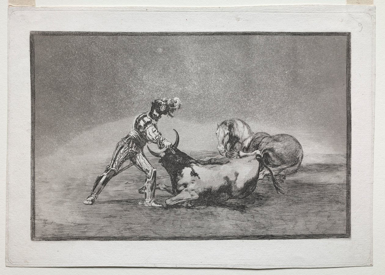 La Tauramaquia: Espanjalainen ritari tappaa härän menetettyään hevosensa, 1815-1816. tekijältä Francisco de Goya