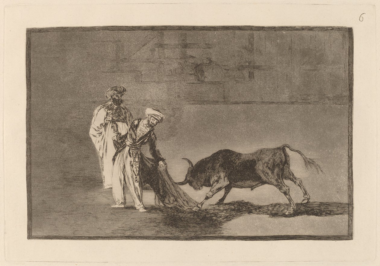 Los Moros hacen otro capeo en plaza con su albornoz (maurit leikkivät eri tavalla kehässä ja kutsuvat härkää palavillaan) tekijältä Francisco de Goya
